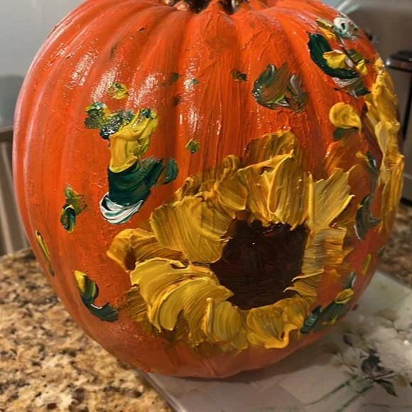 HAND PAINTED SUNFLOWERS ON A LARGE PLASTIC PUMPKIN - Picture 2 of 4